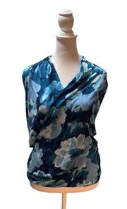 Mutli-Blue Color Floral Print Sleeveless Women's Wrap Shirt Size XS