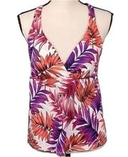 JANTZEN coral, purple and white deep “V” tankini top w/leaf design. Size 12. EUC