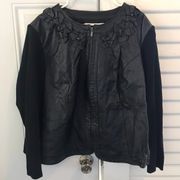 Peter Nygard Black Leather Full Zip Sweater Jacket Flower Detail plus size