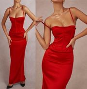 House of CB ‘Shani’ Red Satin Corset Maxi Dress NWOT