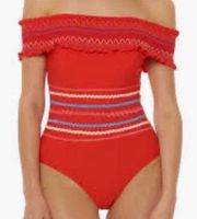 NWT Red Carter Womens Red Ruffled Top Off-Shoulder One-Piece Swimsuit Size S