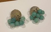 Vintage Green Signed Coro Gold Tone Cha Cha Beaded Clip On Earrings