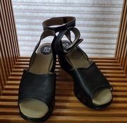 womans Yala Wedge Sandals Size 38-40Black Leather Shoes Ankle Strap