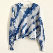 No Comment Cropped Blue White Tie Dye V-Neck Distressed Pullover Sweater Small