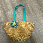 BATH & BODY WORKS Woven Straw Tote Tan Bag Blue Flower & Strap Beach Travel