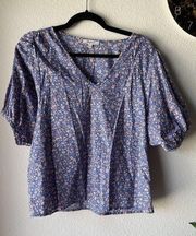 Madewell M Floral Puff Sleeve Short Sleeve V-Neck Top Blue Red White Oversized