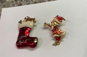 Lot Of 2 Red / Gold Tone Costume Brooch Pins Christmas Holiday 1 Aai / 1 Ballot