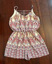 My Story Women's Cream/Blue/Red Boho Pattern Summer V-Neck Romper Size M