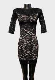 VINTAGE Long Sleeve Lace Mini Bodycon Dress Womens sz S XS Black Witchy Gothic