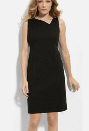 Eileen Fisher Black Asymmetric Neck Stretch Ponte Sheath Sleeveless Dress Size 8