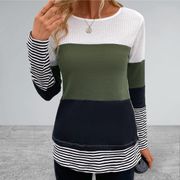 Women’s long sleeve army green patchwork waffle crewneck striped Tee