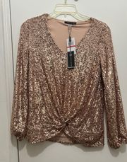 CABLE & GAUGE rose gold sequin sparkle knot tie top size XS