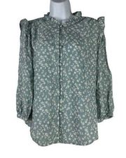 LC Lauren Conrad Women's Green Floral Print Button Down Shirt Top Size L