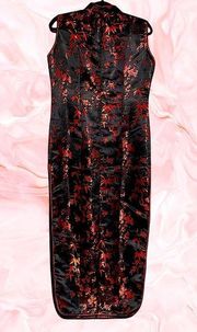 Traditional Chinese shiny silky asian dress splits on side in black & red nwot 6