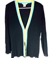 Exclusively Misook Sz M Sweater Cardigan Black Knit lime & aqua trim