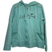 Life Is Good Hoodie Sweatshirt 100% Cotton Long Sleeve Full Zip Teal Large