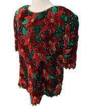 VTG 80s Laurence Kazar Sequin Beaded Poinsettia Holiday Christmas Silk Blouse 1X