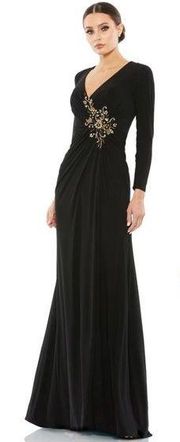 MAC DUGGAL Faux Wrap Long Sleeve Gown W/ Applique Detail in Black Size US 6