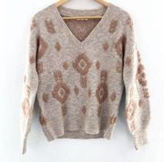 Mystree Women's Beige Knit V Neck Sweater sz Small Geometric Comfy Pullover