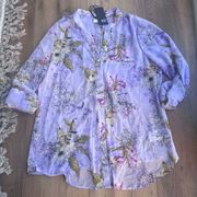 Kut From Kloth Floral Blouse Top Small Purple Long Sleeve Casual Botanical NWT