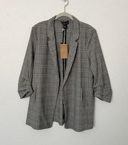 [Rachel Zoe] Taupe Glen Plaid Long Line Open Ruched 3/4 Sleeves Blazer NWT Sz XL