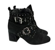 Rebecca Taylor Logan Black Suede Studded Buckle Heel Booties Size 7