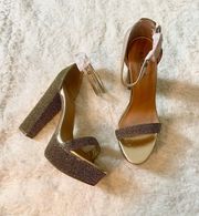 Gold metallic glittery felt platform pump high heels with clear buckle straps