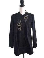 Susan Graver Black Button Down Top Silver Rhinestone Embellished Women’s Medium