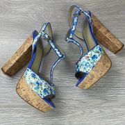 Free Press blue T- strap flowered chunky heels size 7.5