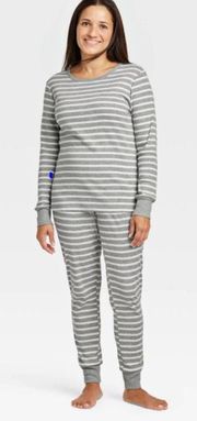 Gray & White Striped Two Piece Cotton Pajama Matching Set Size Medium