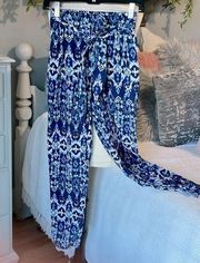 Tie Elastic Waist Pants Lightweight Blue Print Womens Small Silky Paperbag