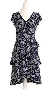 Adrianna Papell Dress Ditsy Navy Ivory Petunia Tiered Cap Sleeve Dress Size 4