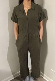 CHELSEA 28 Green Short Sleeve Button Front Linen Blend One Piece Jumpsuit Medium