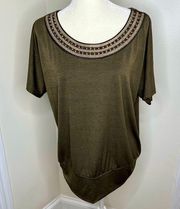 Dressy Top | Embellished Neckline | Size Large | Short Sleeves