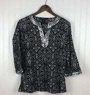 Marina Luna Blouse Womens Size S Black Grey Damask Tunic Sequin Split V-neckline