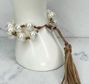 Chico's Faux Pearl Beaded Double Strand Adjustable Tassel Bracelet