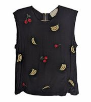 Nicole Miller Artelier Black Sleeveless Silk Top Beaded Sequins Banana Cherry M