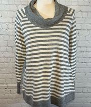 BOBEAU Drape Neck Long Sleeve Striped Top Gray & White-Medium