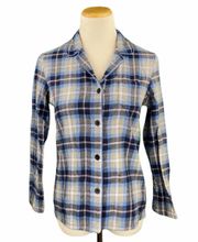 Blue Plaid Single Pocket Button Down Flannel Pajama Top