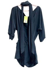 Alexis Kimono Sleeve Drape Front 100% Silk Romper with Fringe Shawl Black SMALL