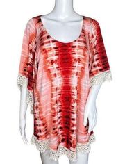 Veronica M Shirt Women Small Red Tie Dye Tunic Top Lace Crochet Bohemian Hippie