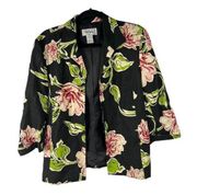 Bob Mackie Black Floral Open Front Linen 3/4 Sleeve Blazer