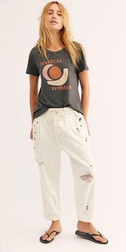 Mixed Up Cotton Distressed Utility White Jeans