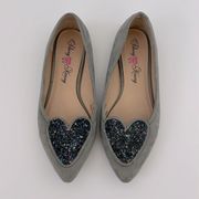 Penny Loves Kenny Heart Glitter Sequin Pointy Toe Gray Suede Flats