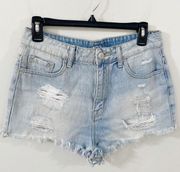 Urban Outfitters BDG UO Super high rise cheeky denim shorts light wash distressed fringe size 29