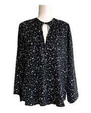 Bishop + Young Black White Speckled Print 3/4 Sleeve Tie Neck Top Blouse Size XS