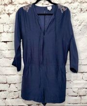 Parker Navy Blue Silk Embellished Shorts Romper