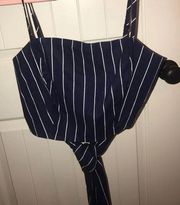 WAYF navy and white pinstripe tie up crop top