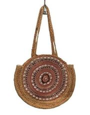 ANTIK KRAFT Women’s BOHEMIAN WOVEN SHELL BEADED LARGE ROUND STRAW SHOULDER BAG