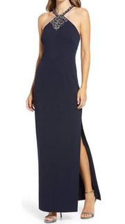 Vince Camuto women's rhinestone detail halter neck gown navy size 2